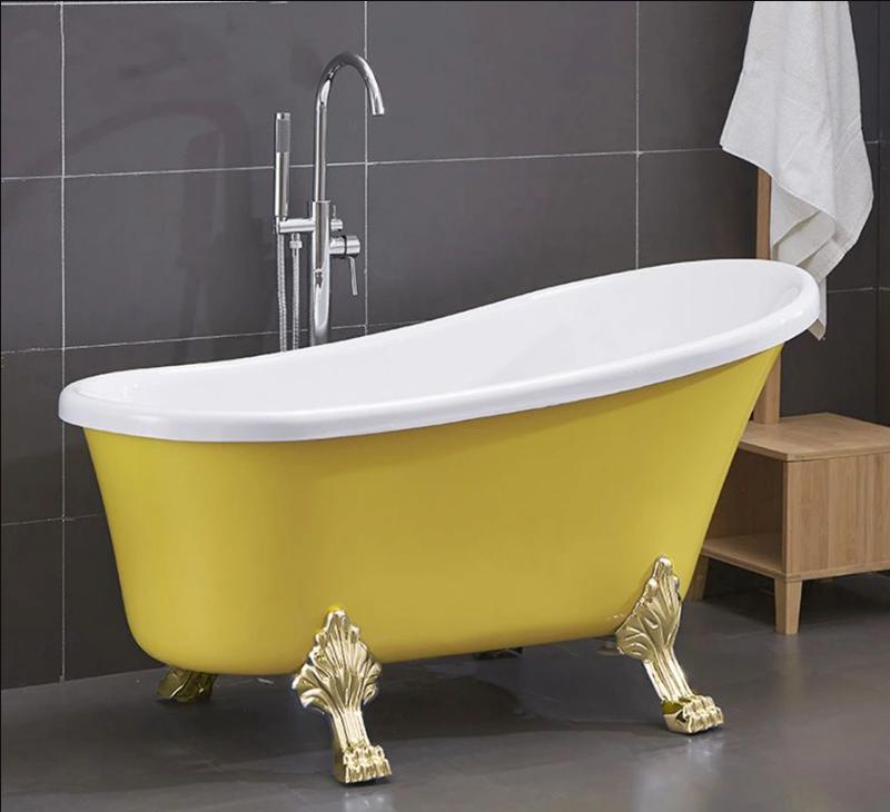 Bồn tắm nhựa Acrylic màu vàng và được mạ vàng ở chân để tạo điểm nhấn